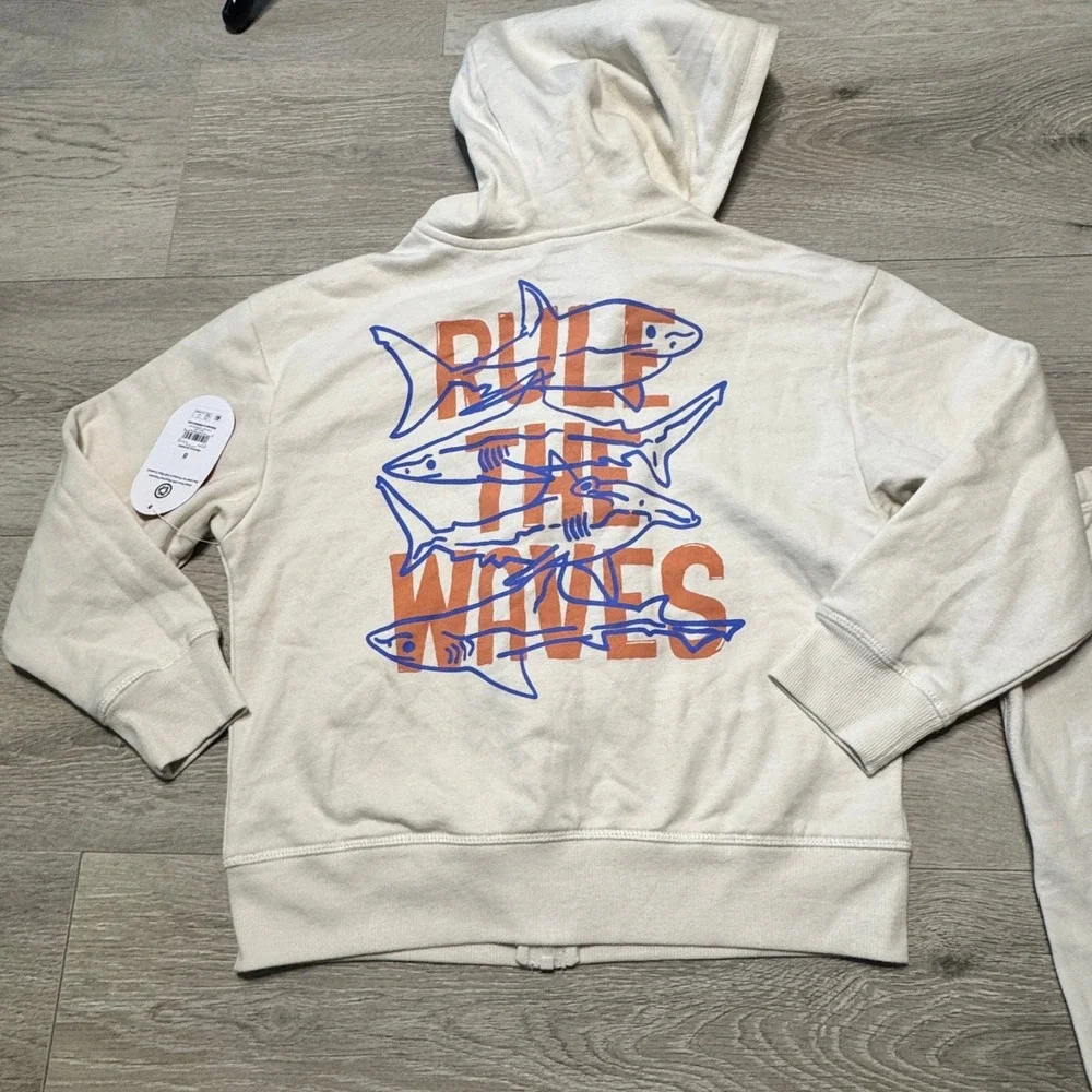 NWT Wonder Nation Boys Cream Rule the Waves Shark Hoodie and‎ Joggers Set Size 8